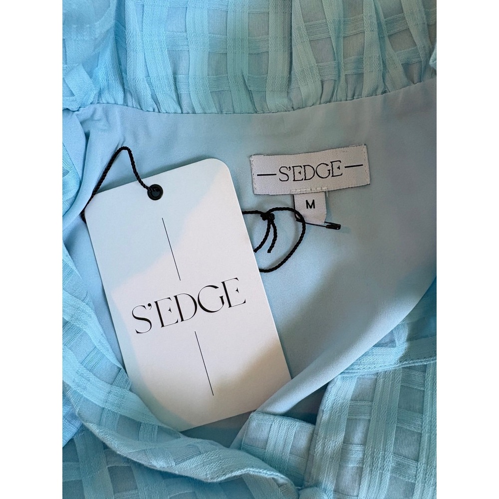 S'EDGE Blue Cotton Silk Ruffle Neck Sleeveless Shift Dress M - Picture 9 of 10
